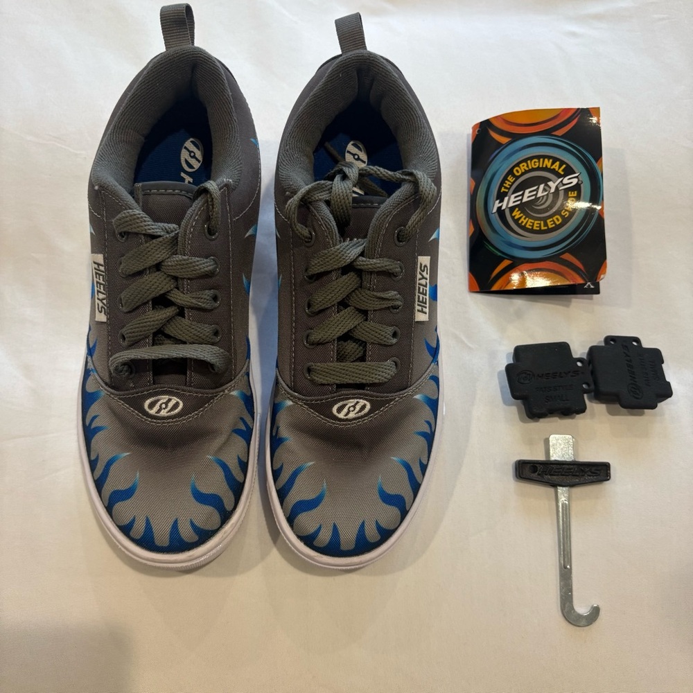 Heelys Kids Gray Sneakers with Blue Flame Accents and Removable Wheels